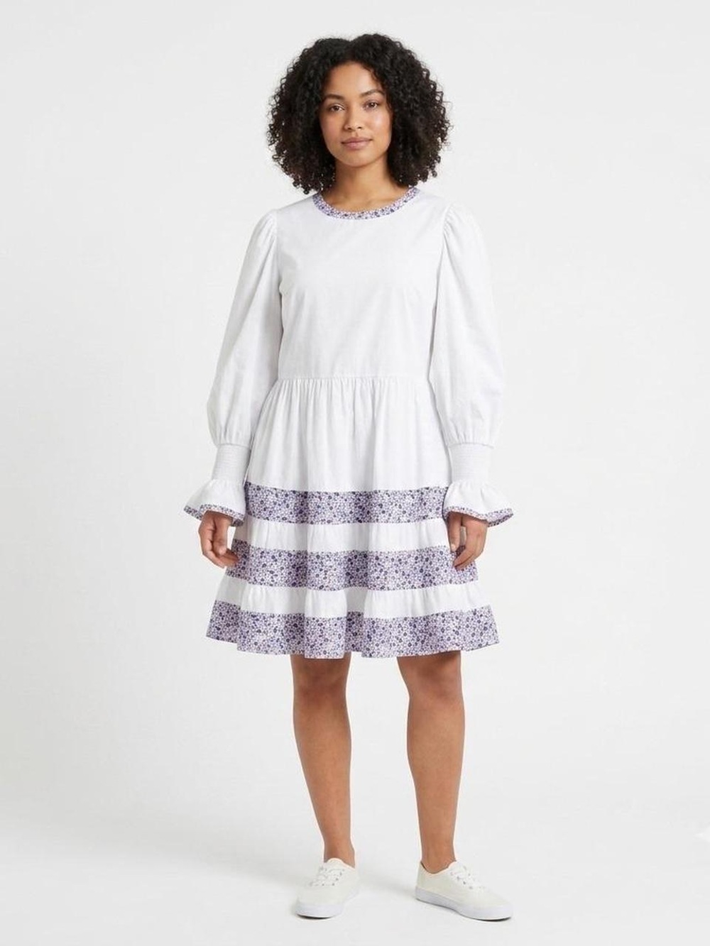 Tuckernuck Pomander Place White and Lavender Floral Tiered Long-Sleeve Dress